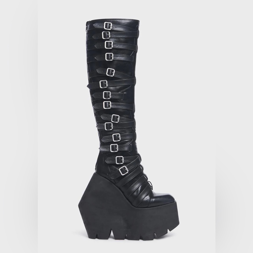 Gothic Black Buckle Strappy Monster Wedge Knee High Platform Boots - 9 - Picture 5 of 17